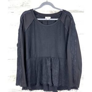Umgee Womens L Black Oversized Lace Long Sleeve Distressed Terry Cloth Top Boho